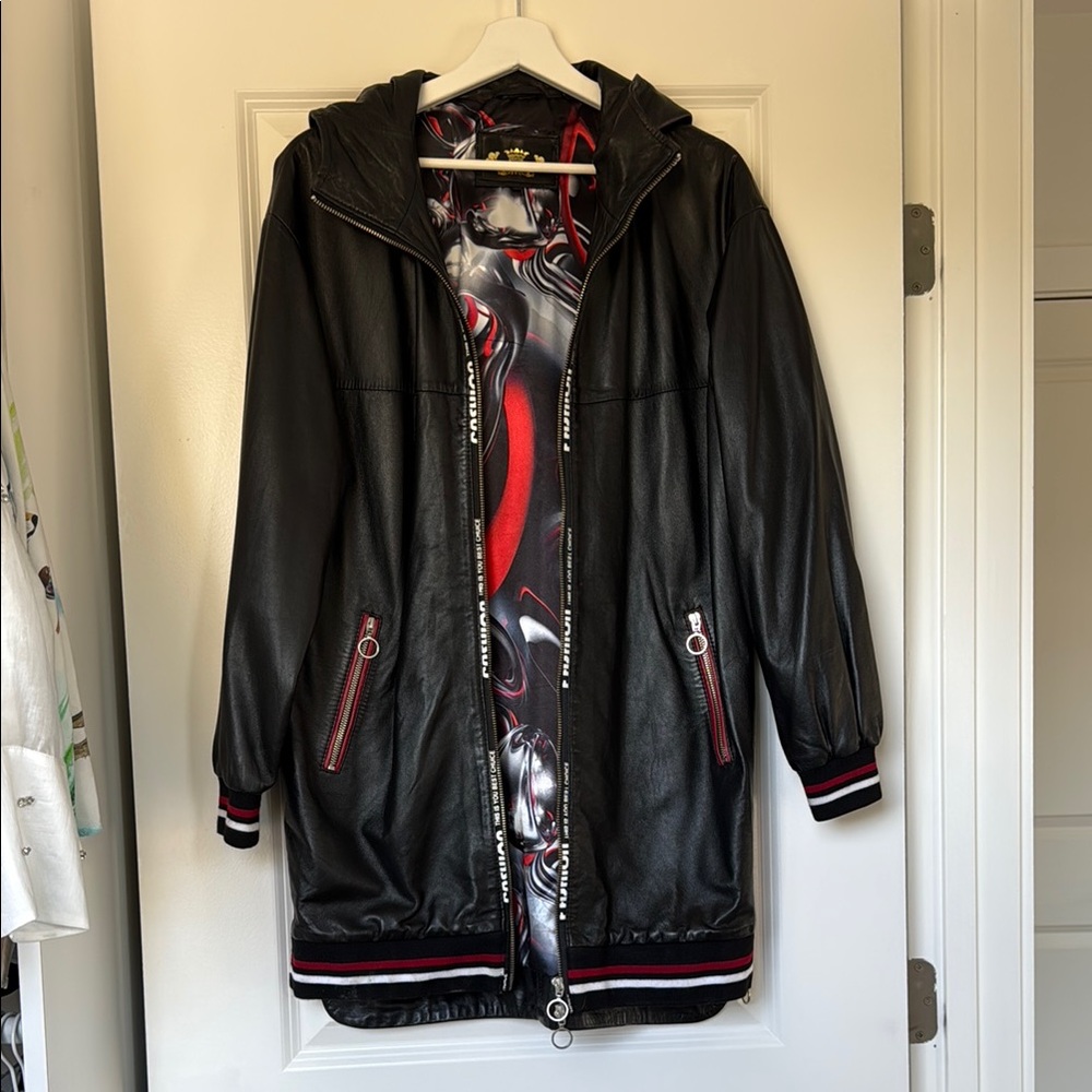 Long Black Leather Hooded Bomber Jacket